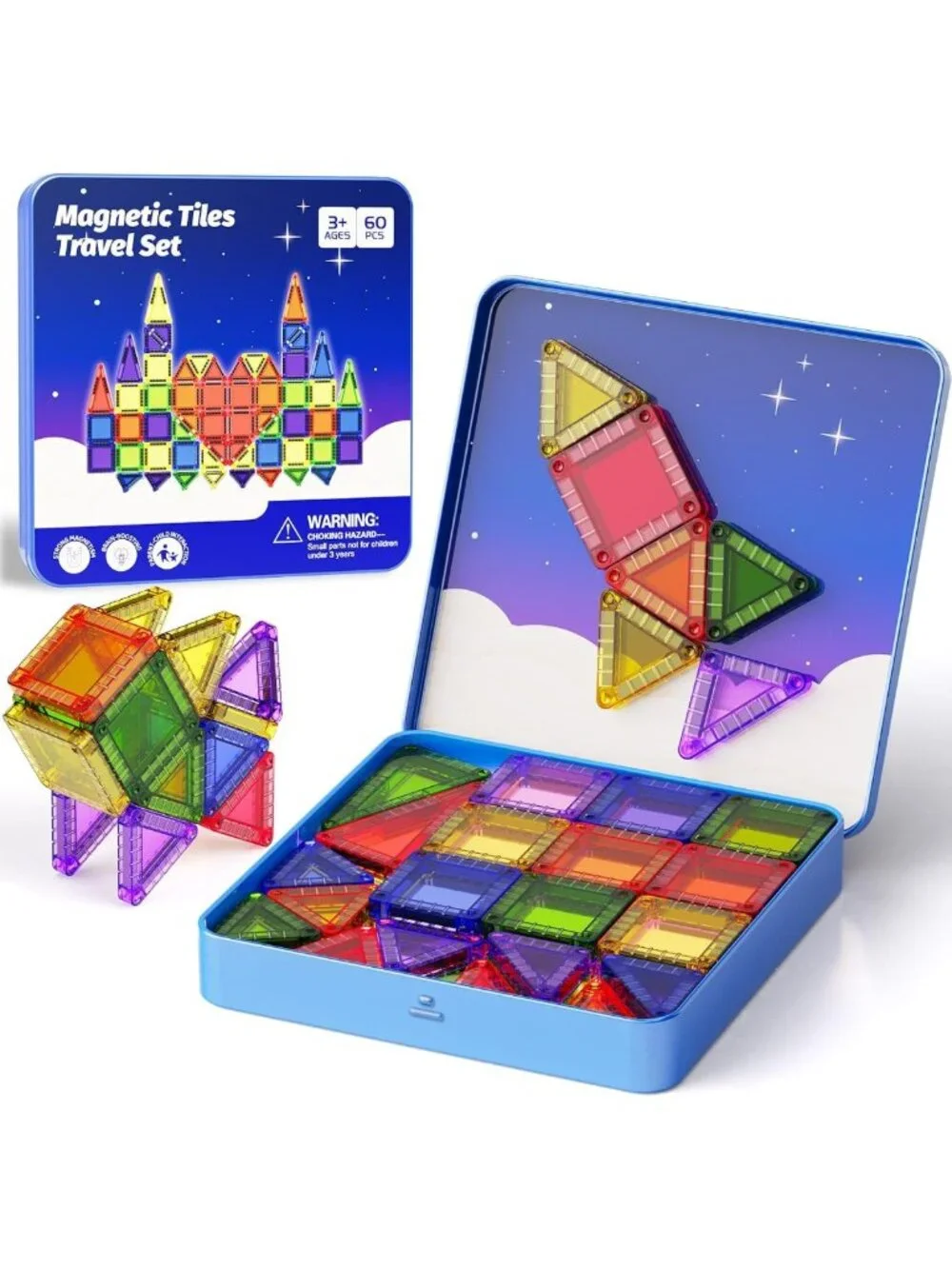 60pcs Mini Magnetic Building Tiles Travel Kit for Kids 3-8, STEM Sensory Toys